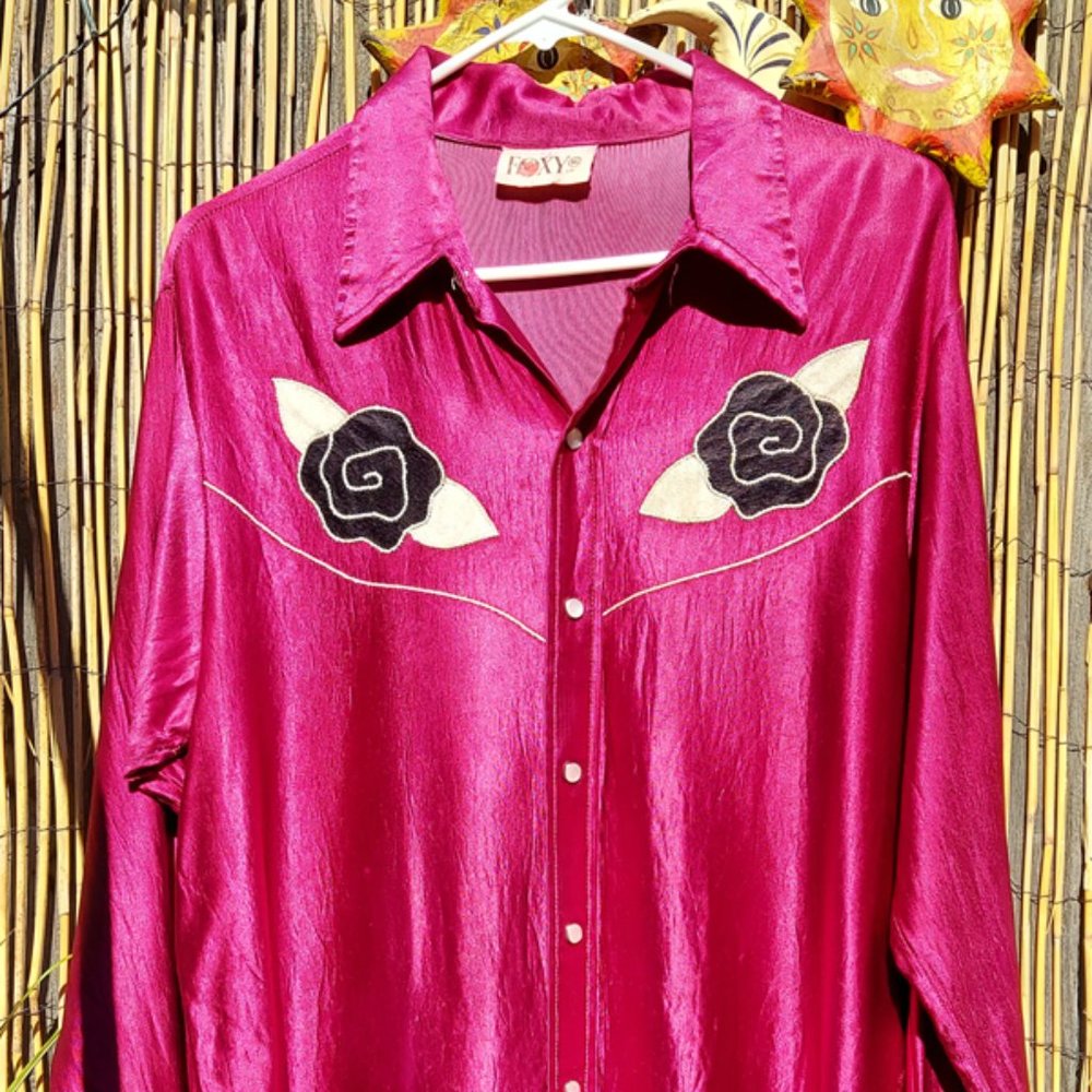 Vintage Foxy Cowboy Shirt w/ Black Roses on Yoke